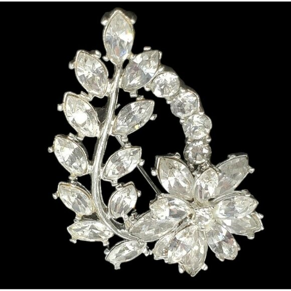 VTG Brooch Marquise Crystal Flower Pin Floral Prongs Silver Foiled Clear Sparkle - Picture 1 of 16